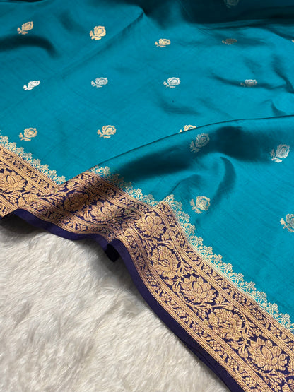 Contrast Firozi With Purple Shades Boota Handwoven Pure Raw Mango Silk RM-07