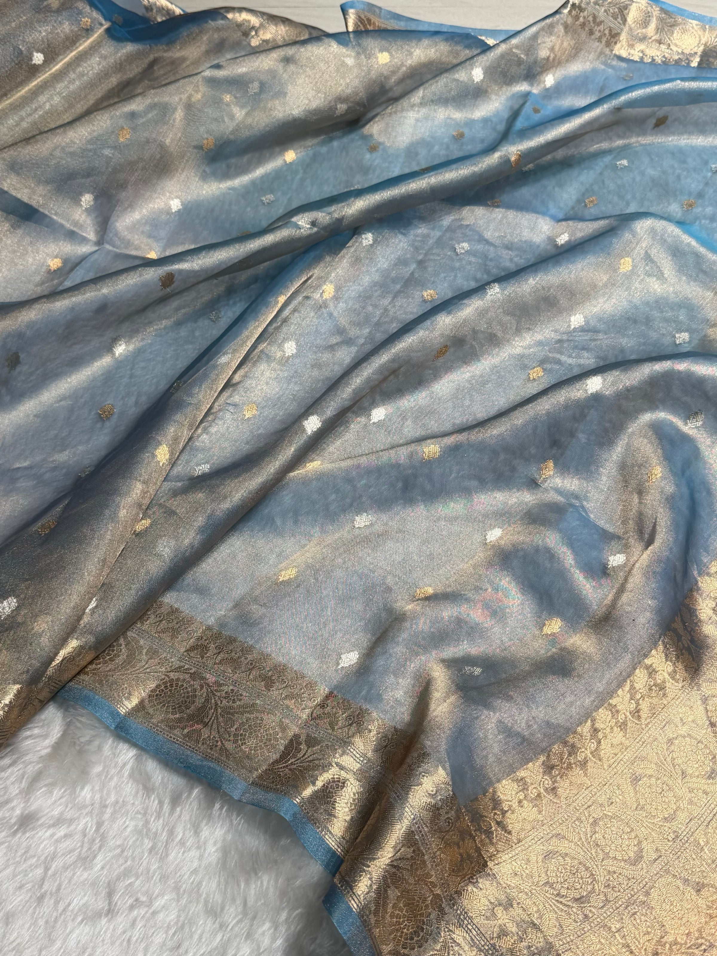 Pastel Blue Bananasi Floral Shades Pure Tissue Silk Saree PT-34