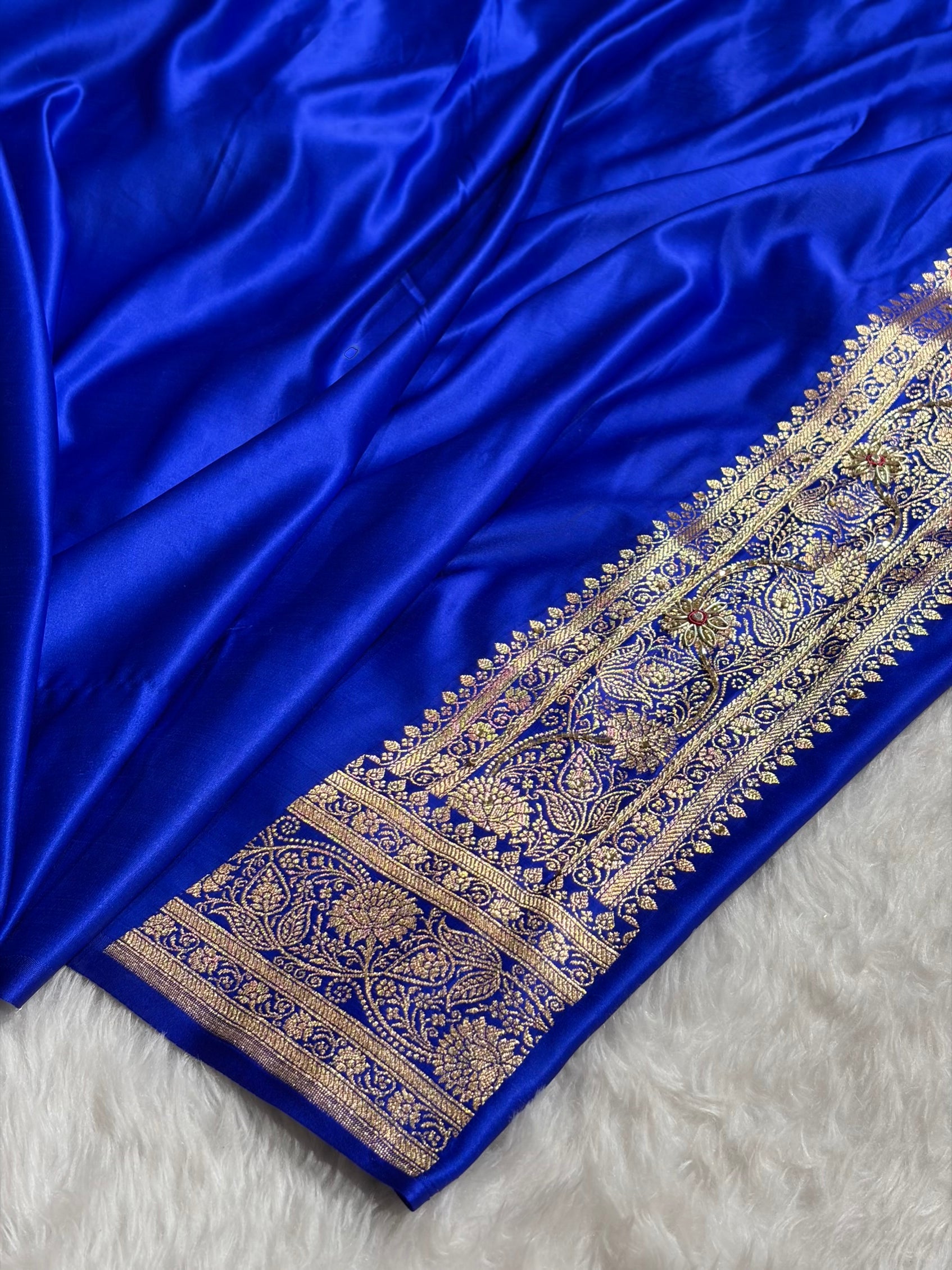 Banarasi Satin Katan Saree With Ari Zardozi Work Jaal Pattern in Royal Blue Shades BSK121