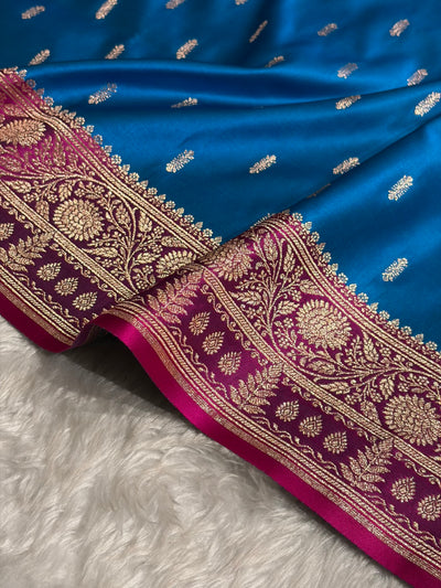 Contrast Firozi / Rani Floral Booti Banarasi Satin Katan Silk Saree SK14