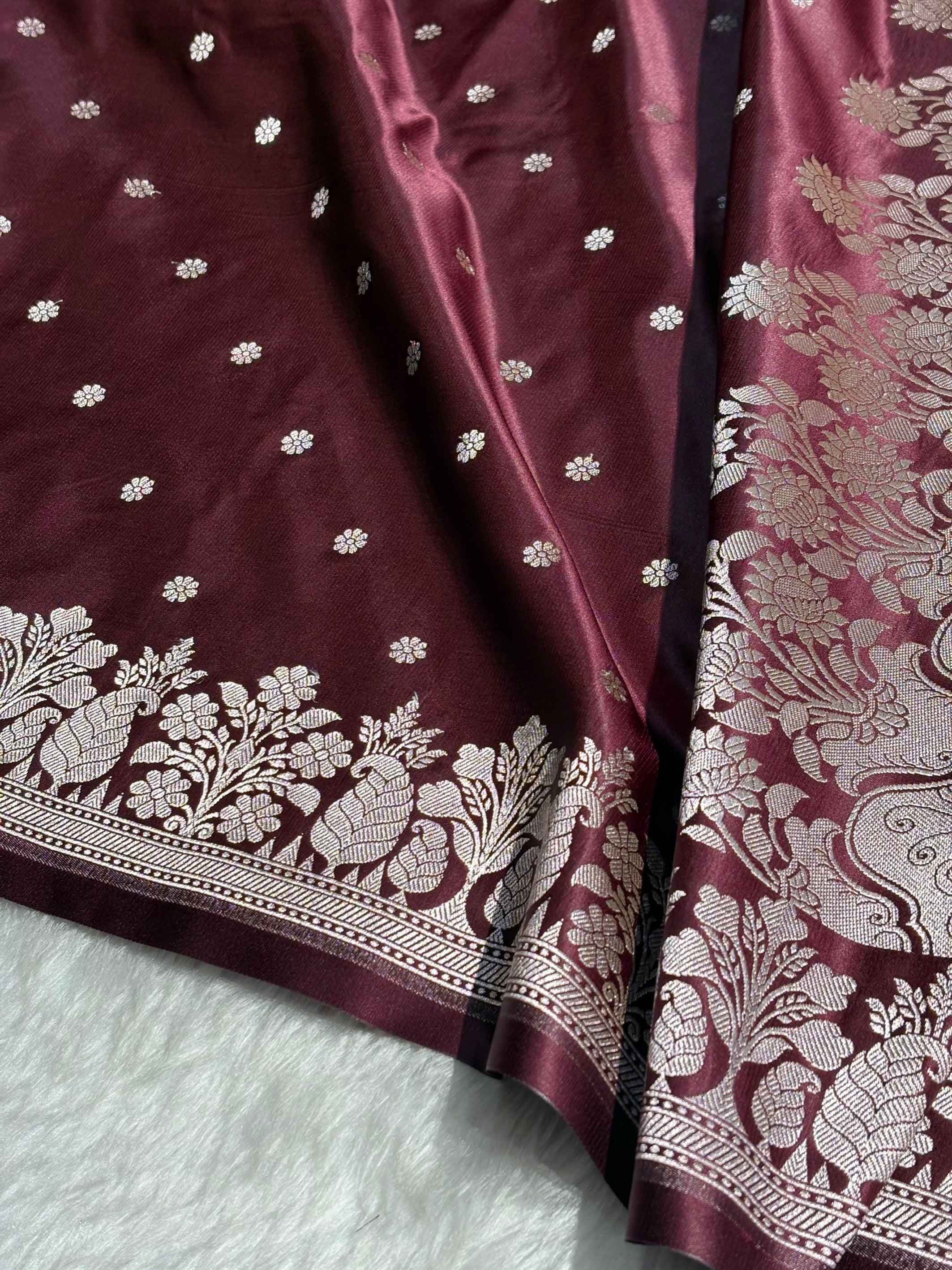 Garnet Shades Floral Boota With Floral Border Mashru Silk Saree MSM 79