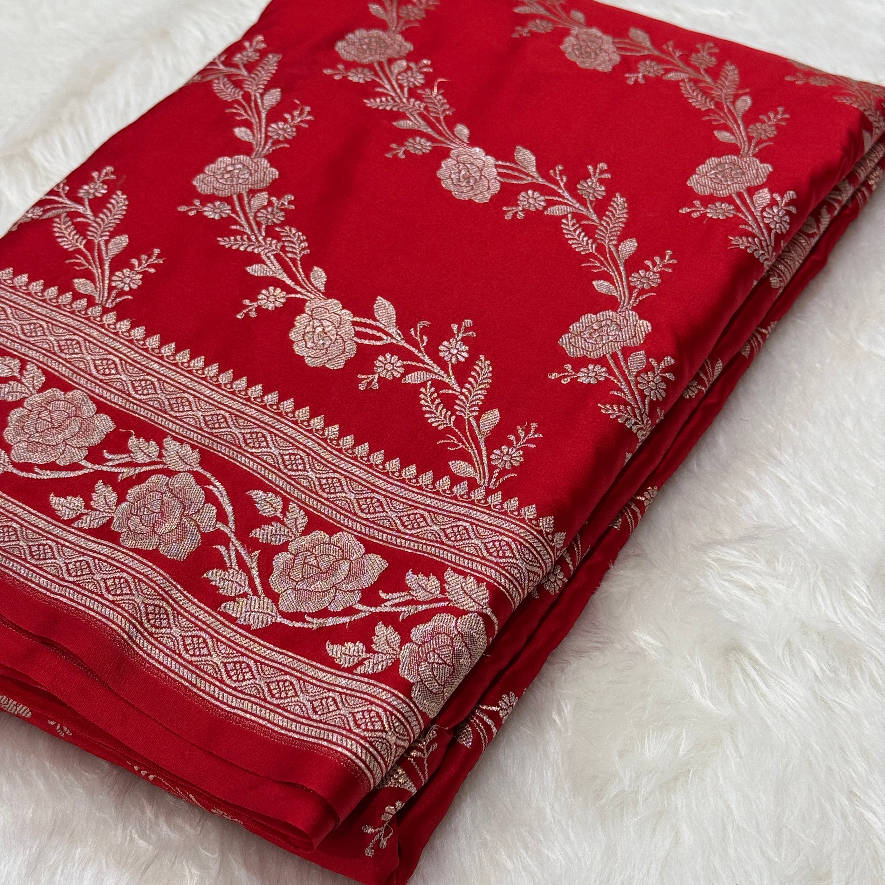 Bridal Red Mashru Silk Banarasi Saree With Cross Pattern