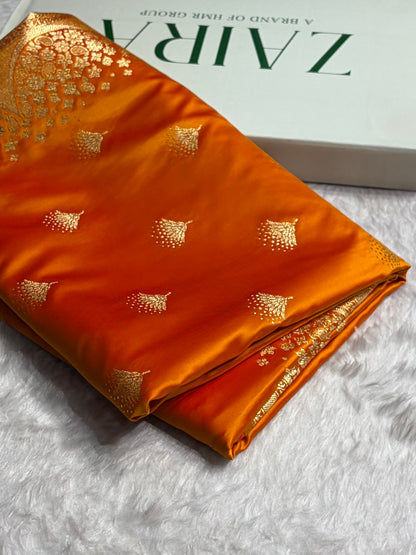 Fire Gold Floral Banasari Pattern Satin Katan Silk Saree SK83