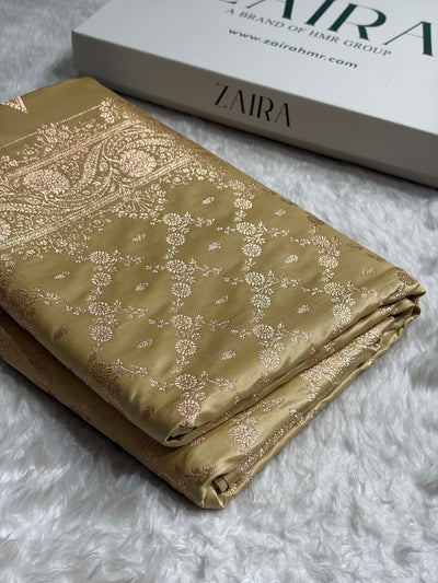 Banarasi Satin Katan Saree Jaal Pattern In Beige Shades SK133