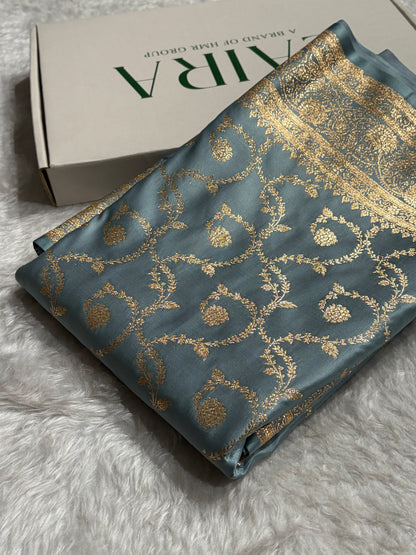 Powder Blue Shades Floral Jaal Pattern Satin Katan Silk saree SK55