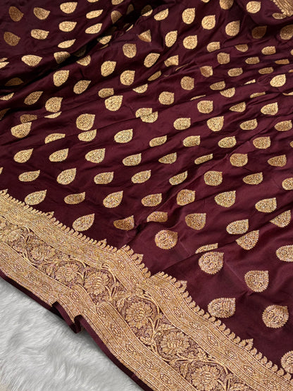 Dark Chocolate Katan Silk Saree In Boota Floral Motif