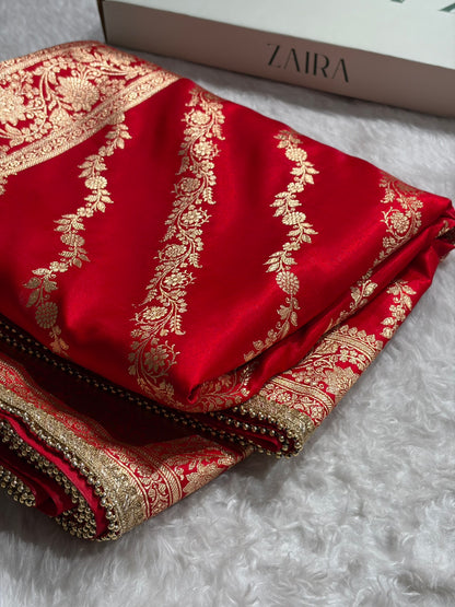 Red Shades Cross Satin Silk Saree with gotta patti SSGP10