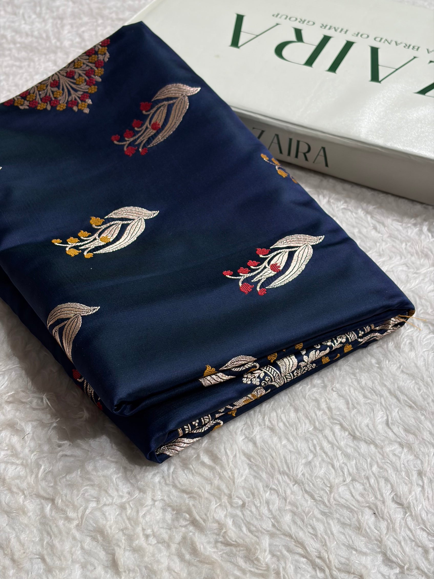 German Blue Shades Banarasi Boota Pattern Minakari Floral Mashru Silk ...
