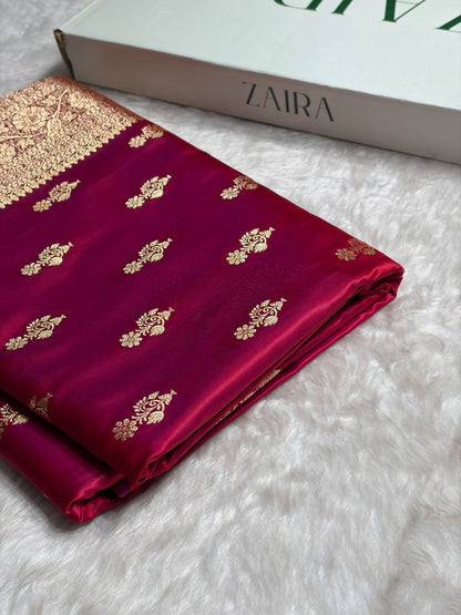 Magentic Red Unique Boota Pattern Satin Katan Silk Saree SK68
