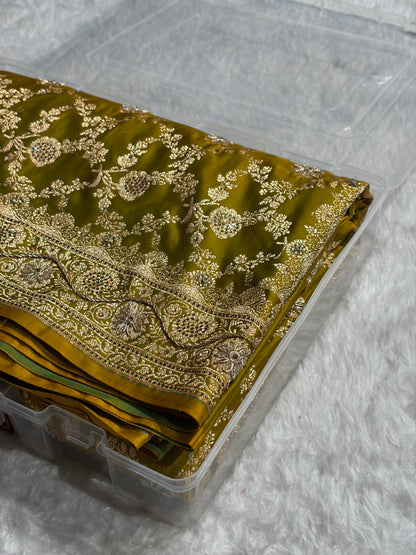 Liril Mahndi Shades Jaal Floral Pattern With Zardozi And Swarovski Stone Work Satin Katan Silk Saree BSK80