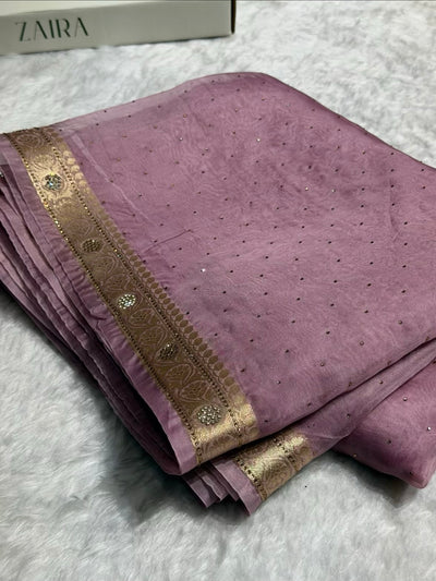 Dusty Lavender Shades Bananasi Birdal Pure Oragnza Saree with Swarovski Work and Brocade Blouse BPO-44