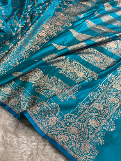 Banarasi Satin Katan Saree Jaal Pattern In Sky Blue Shades SK133