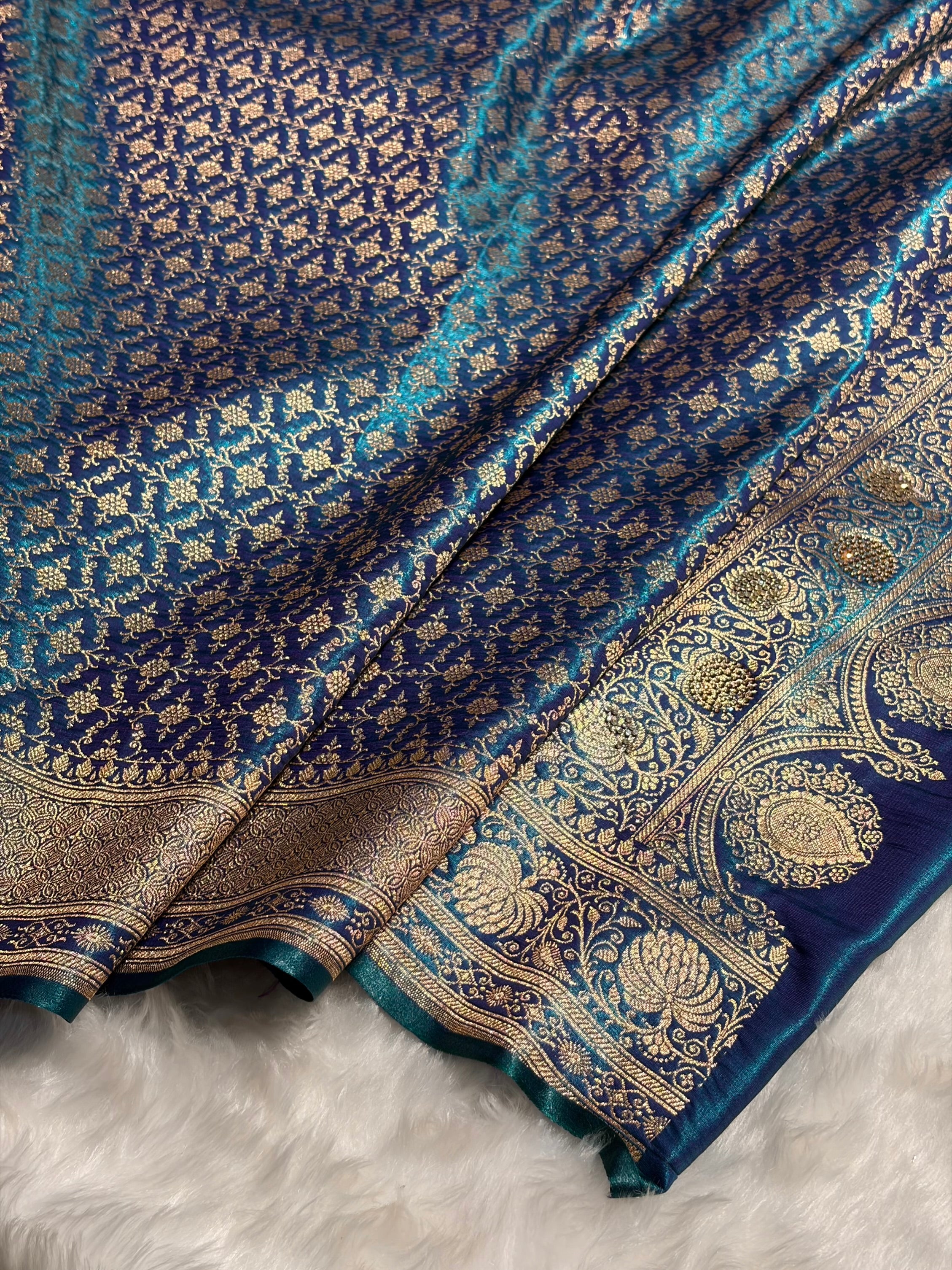 Satin Silk Saree Swarovski Work Jaal in Peacock Blue Shades BSS23