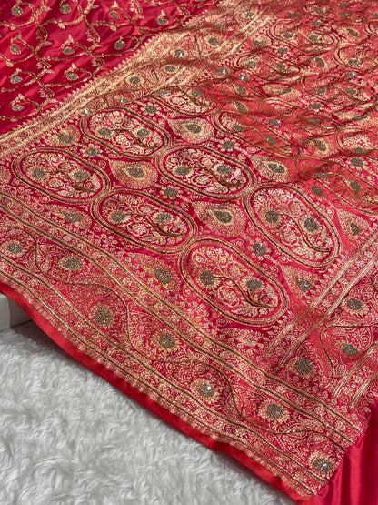 Banarasi Gajri Shades Jaal Pattern With Swarovski Stone & Zardozi Satin Katan Silk Saree BSK55