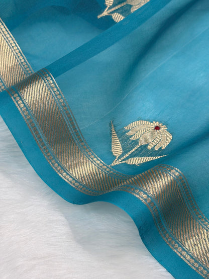 Pure Organza German Blue Meena Floral Banarasi Silk Saree PO-02