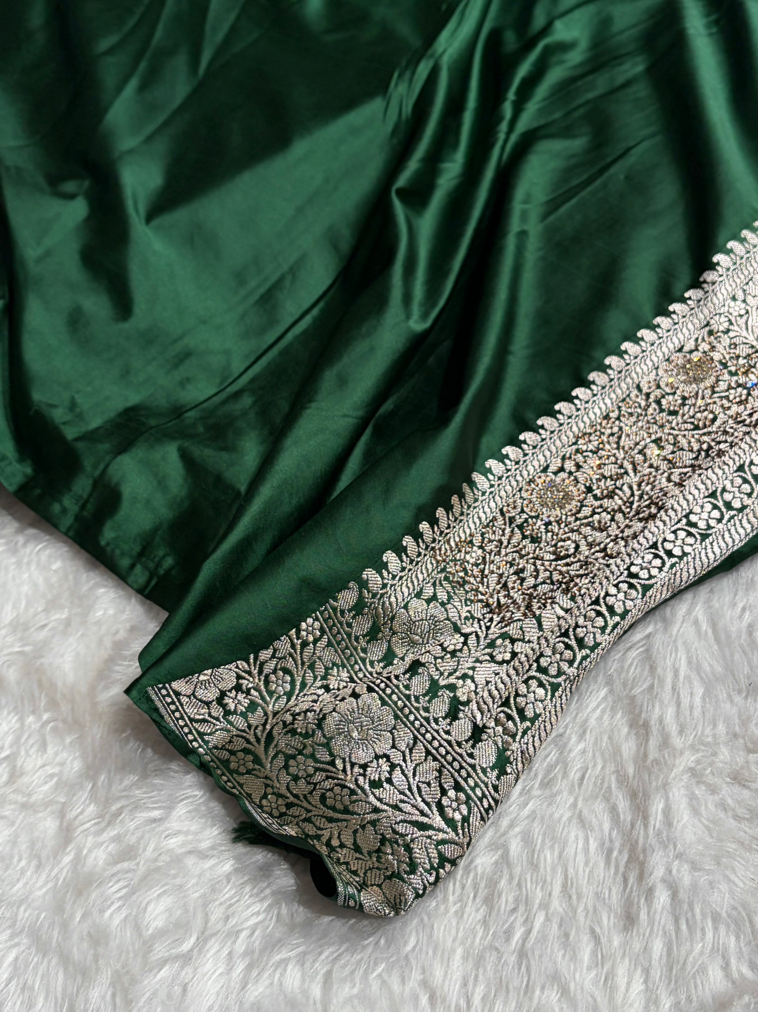 Bottle Green Tree Boota With Swarovski Work Mashru Silk Saree BMS19