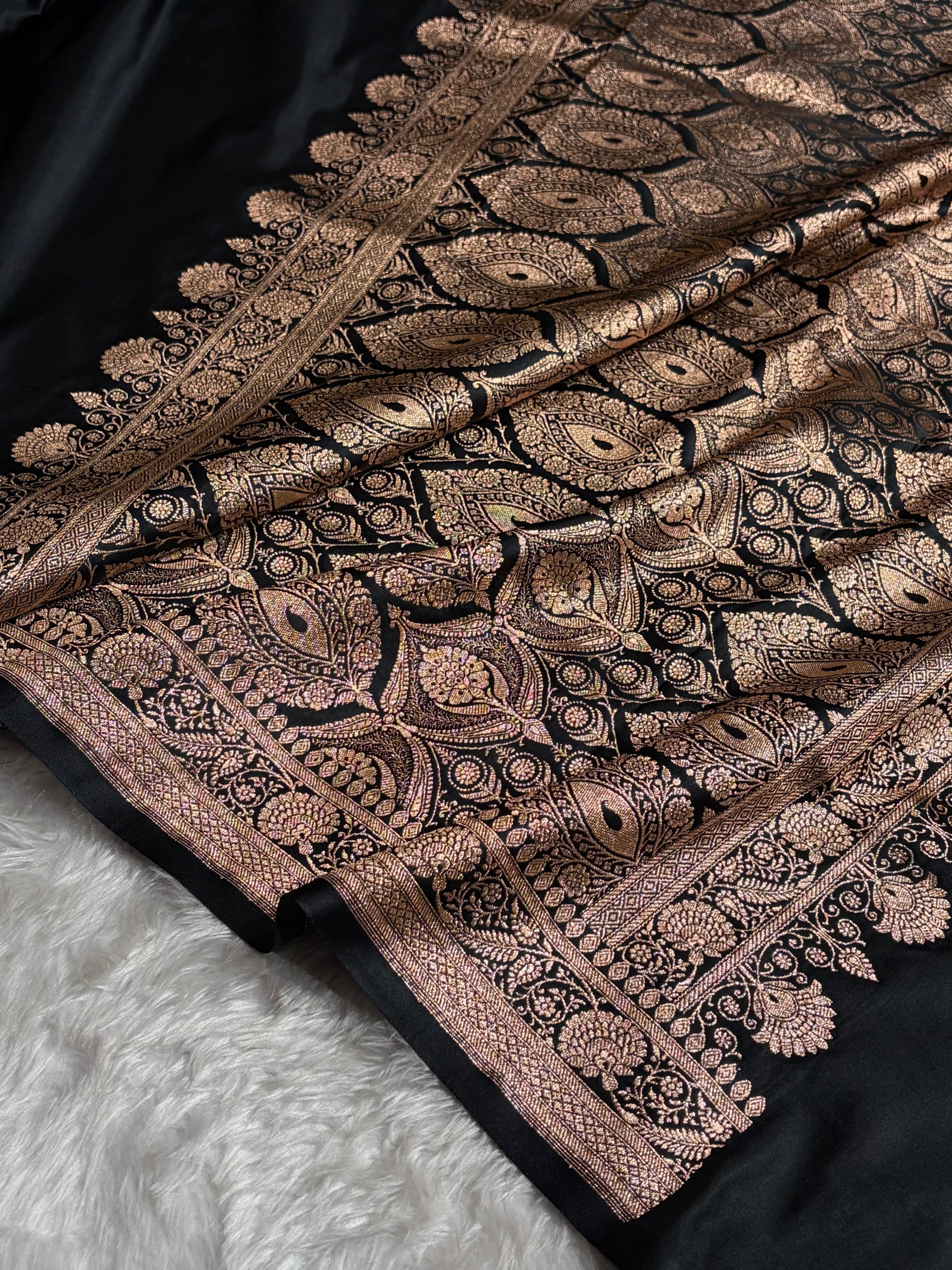 Banarasi Satin Katan Saree Floral Booti Pattern in Black Shades SK150