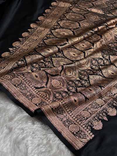 Banarasi Satin Katan Saree Floral Booti Pattern in Black Shades SK150