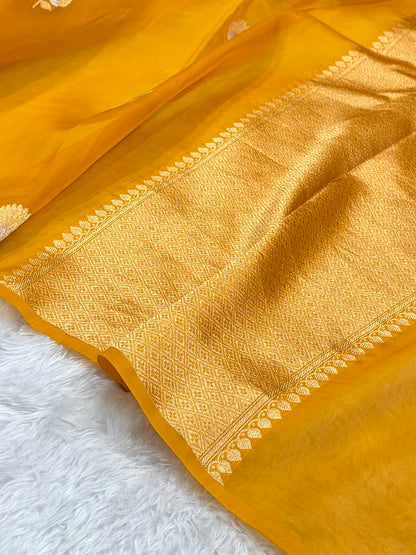 Pure Banarasi Organza Mustard Shades With Minakari Floral Banarasi Silk Saree PO-23