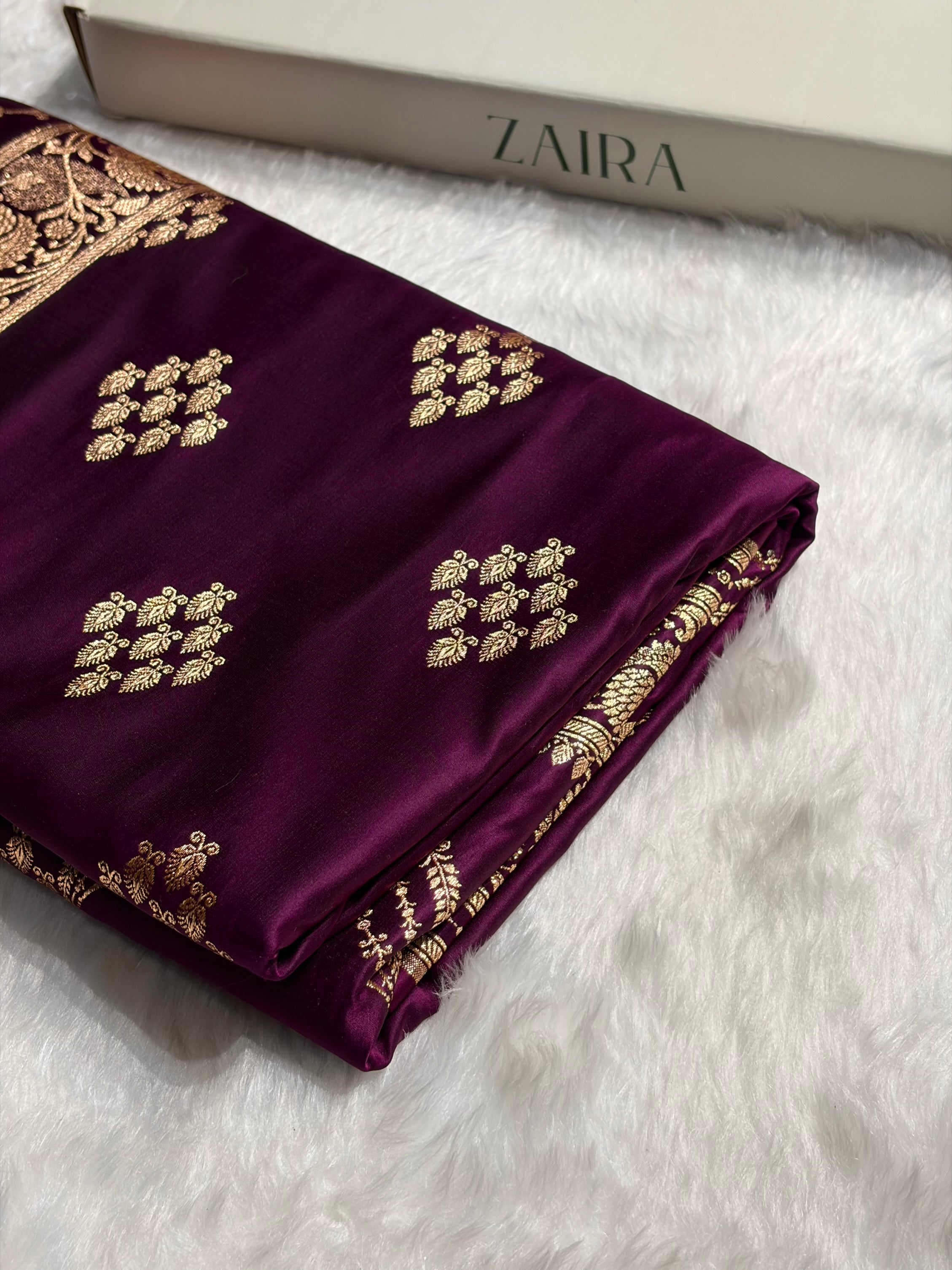 Wine Floral Boota Satin Katan Silk saree SK34
