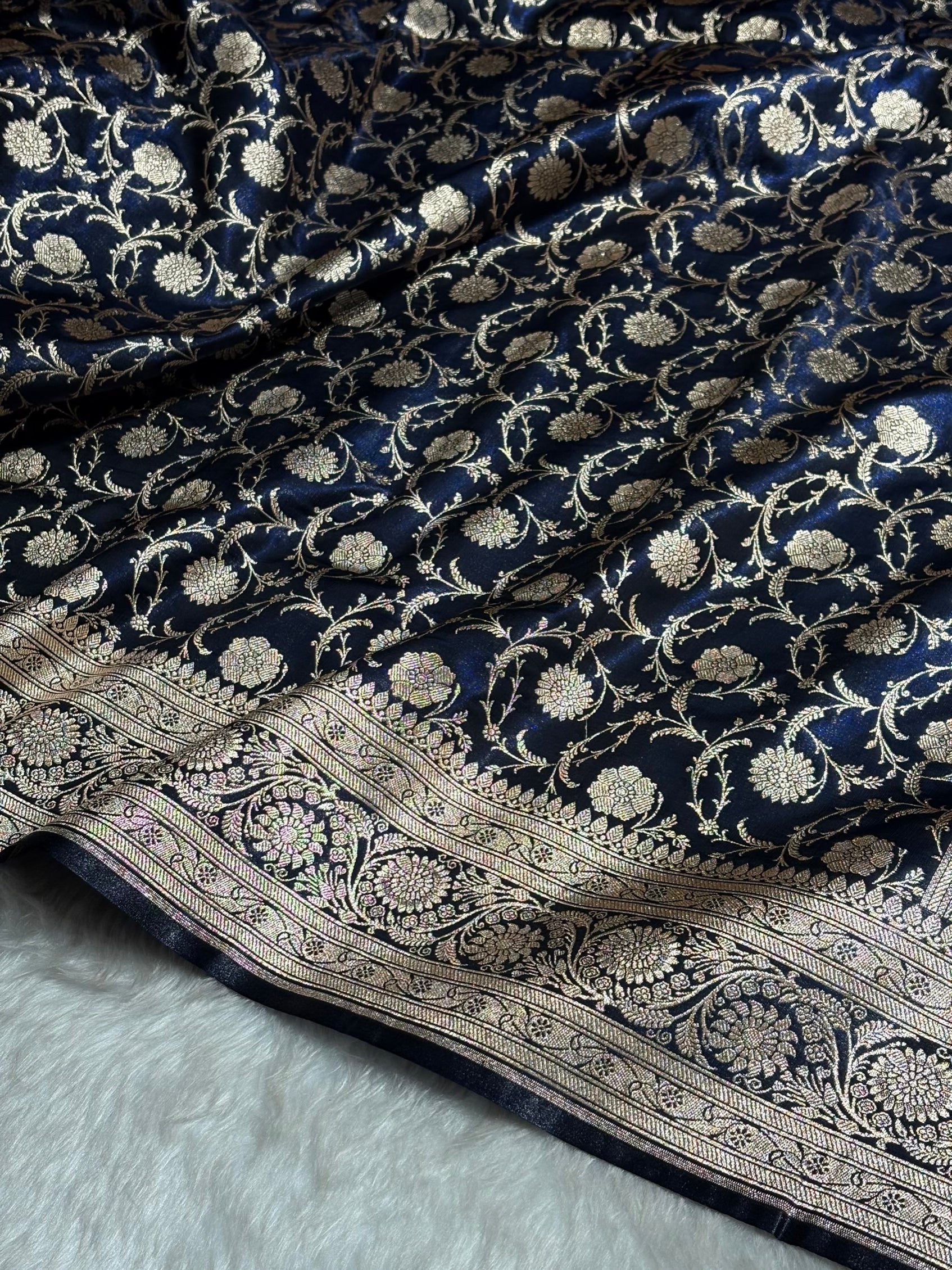 Ultra Light Weight Satin Silk Jaal in Dark Navy Blue Shades SS13