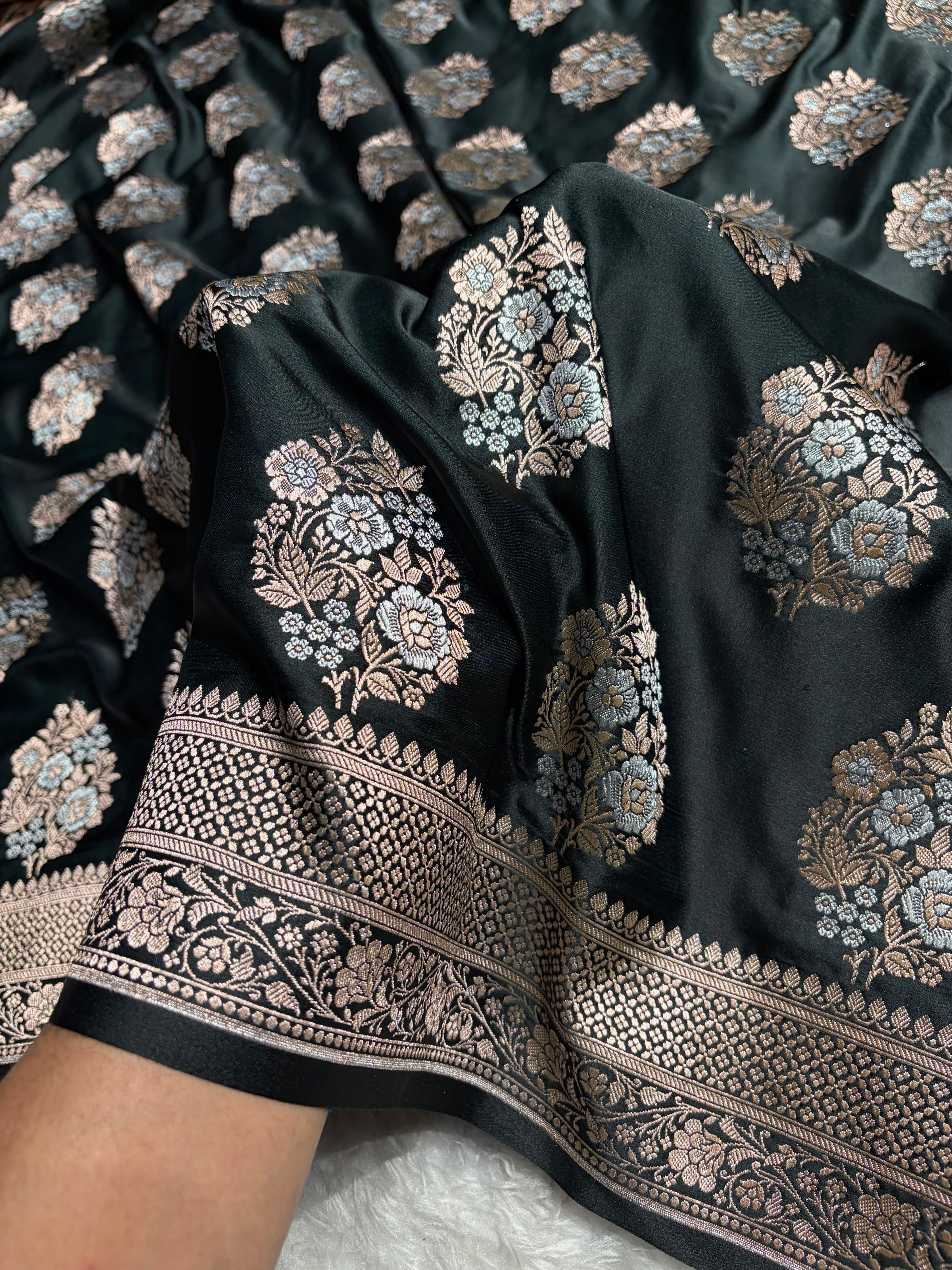 Premium Banarasi Satin Katan Saree With Minakari Boota in Black Shades SK93