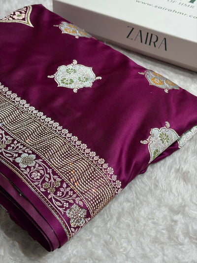 Premium Banarasi Satin Katan Saree Swarovski Work Minakari Booti Pattern in Wine Shades BSK04