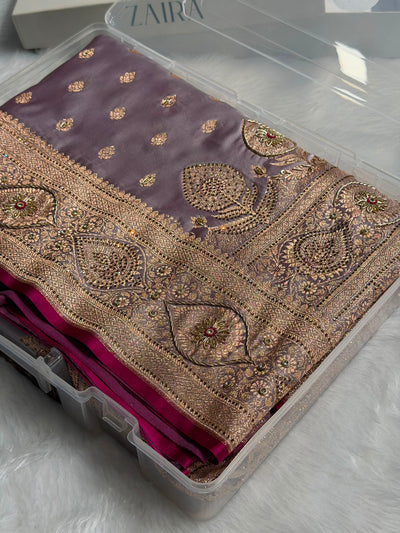 Banarasi Satin Katan Silk Saree With Ari Zardozi Work In Grape Shades BSK10