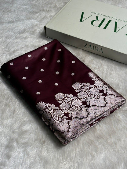 Garnet Shades Floral Boota With Floral Border Mashru Silk Saree MSM 79
