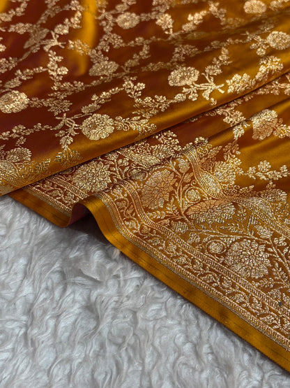 Cross Mustard Shades Jaal Floral Pattern Satin Katan Silk Saree SK80