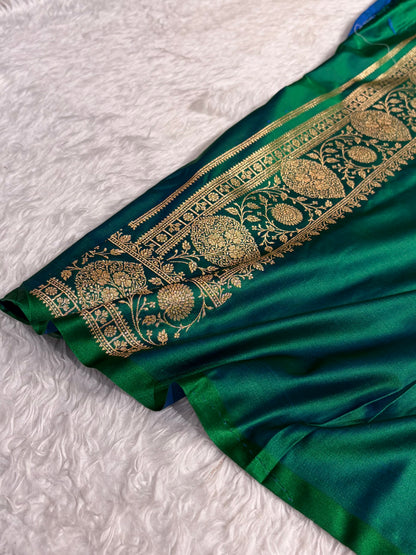 Banarasi Satin Katan Saree With Boota in Cross Green Shades SK98