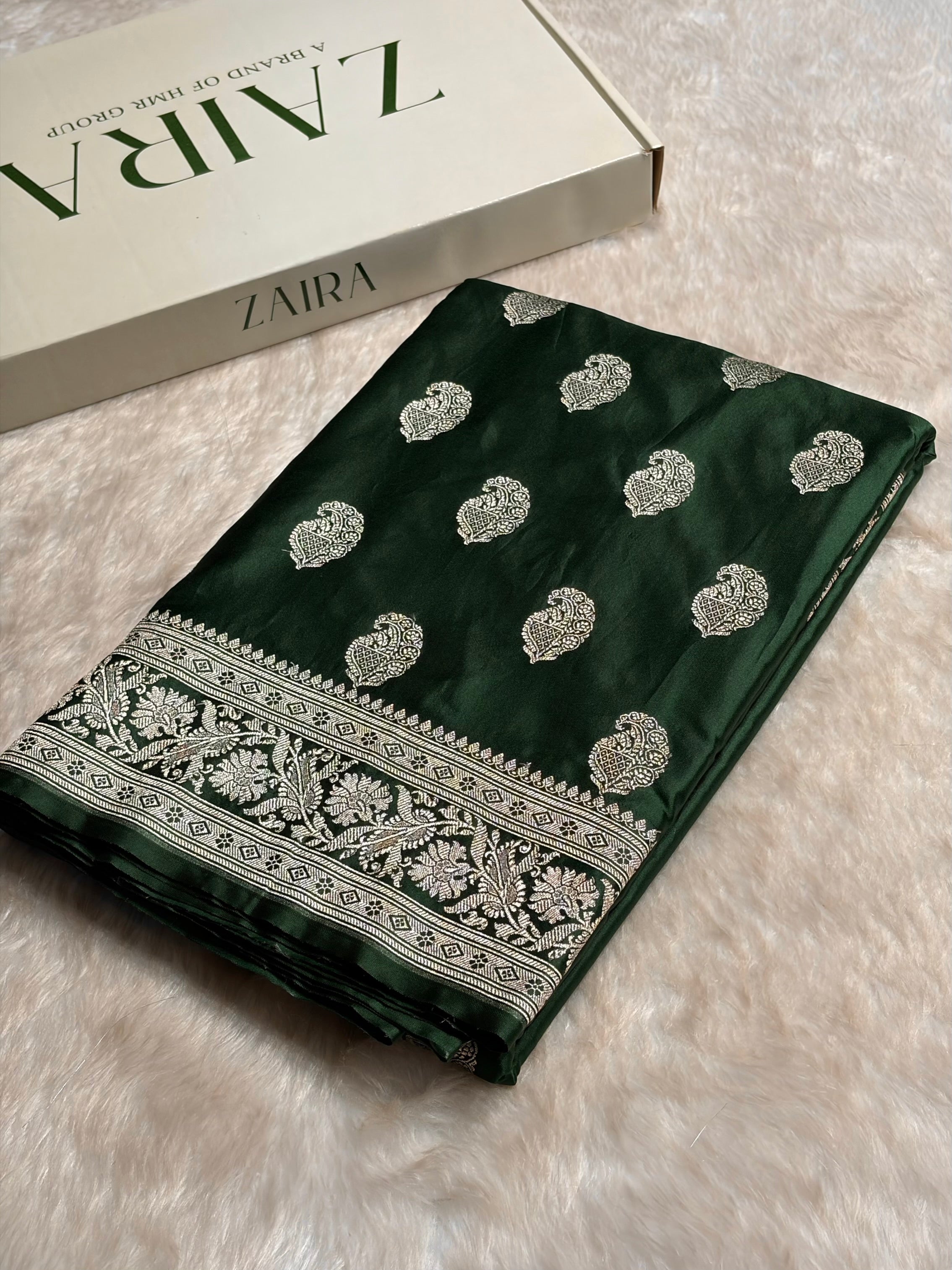 Dark Bottle Green Shades Minakari Motif Mashru Silk Saree MS09