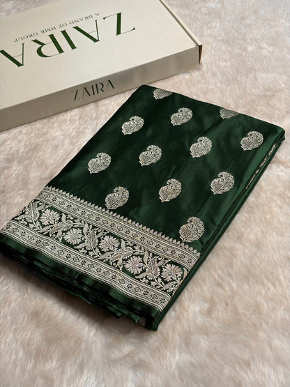 Dark Bottle Green Shades Minakari Motif Mashru Silk Saree MS09
