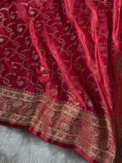 Reddish Pink Floral Jaal Pattern Satin Katan Silk saree SK55