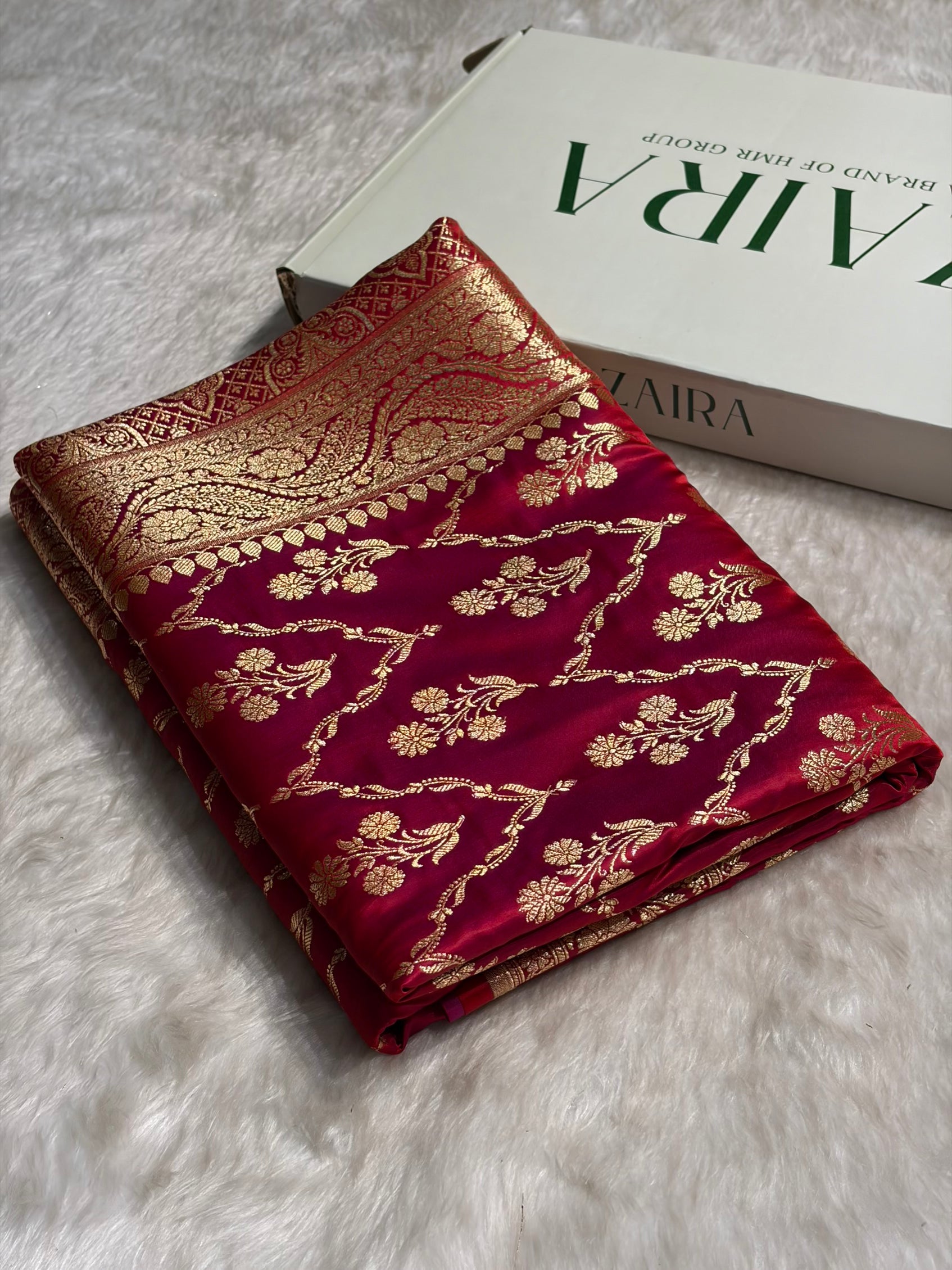 Megentic Red Cross with Boota Pattern Satin Katan Silk Saree SK67