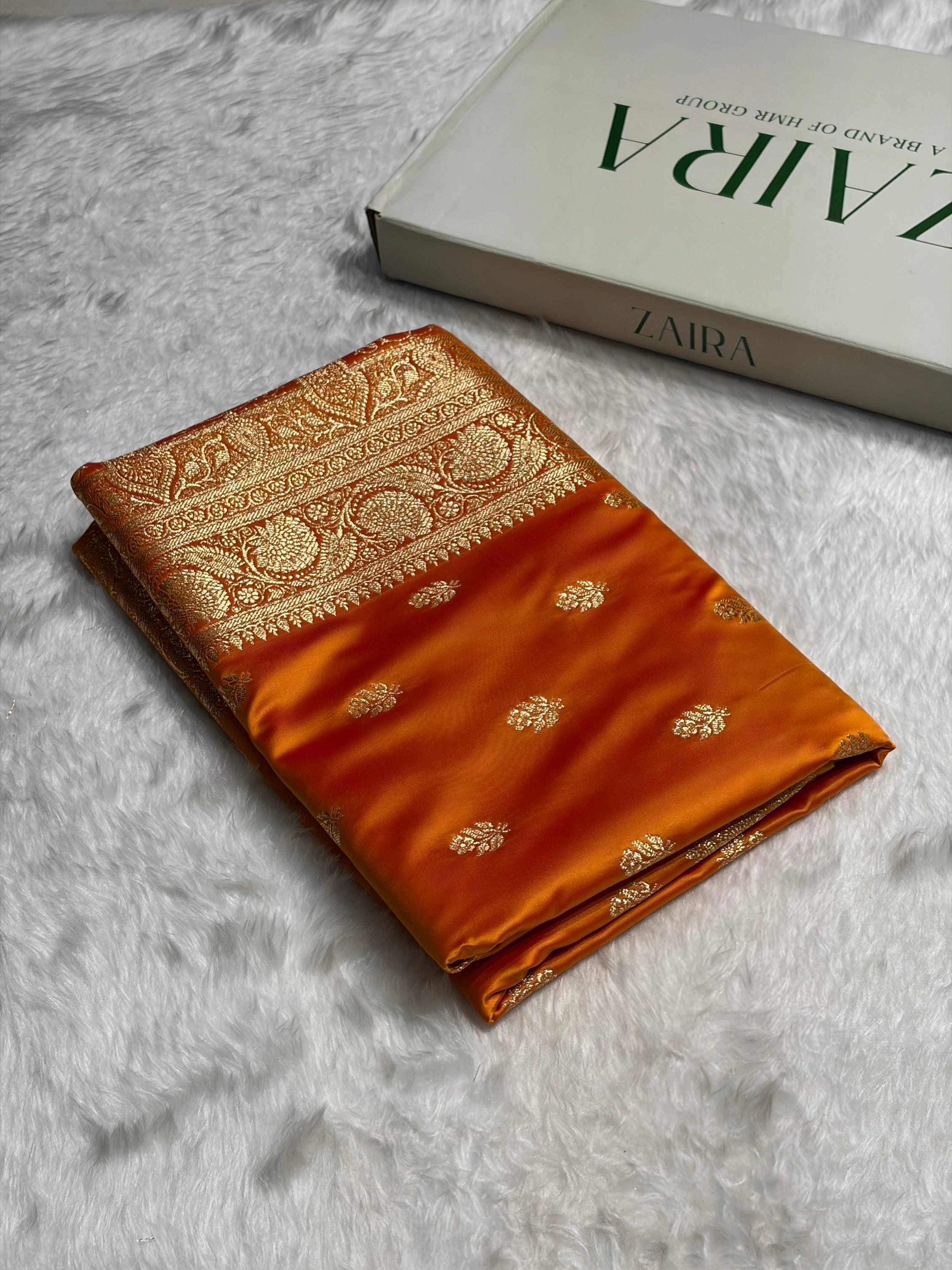 Fire Gold Floral Boota Pattern Satin Katan Silk Saree SK71