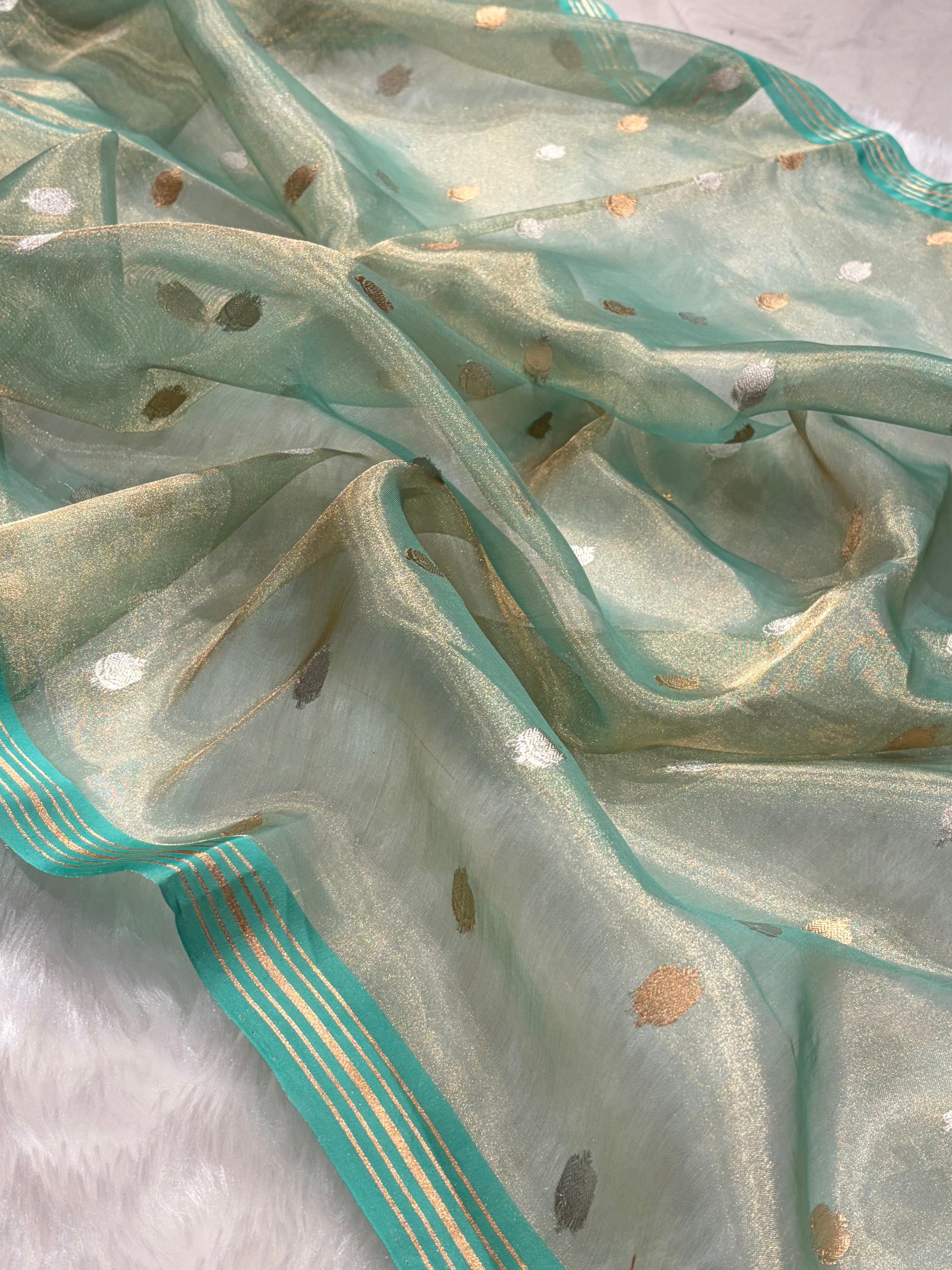 Sea Green Bananasi Floral Shades Pure Tissue Silk Saree PT-35