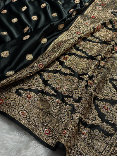 Bridal Black Banarasi Satin Katan Saree With Ari & Zardozi Work Boota BSK65