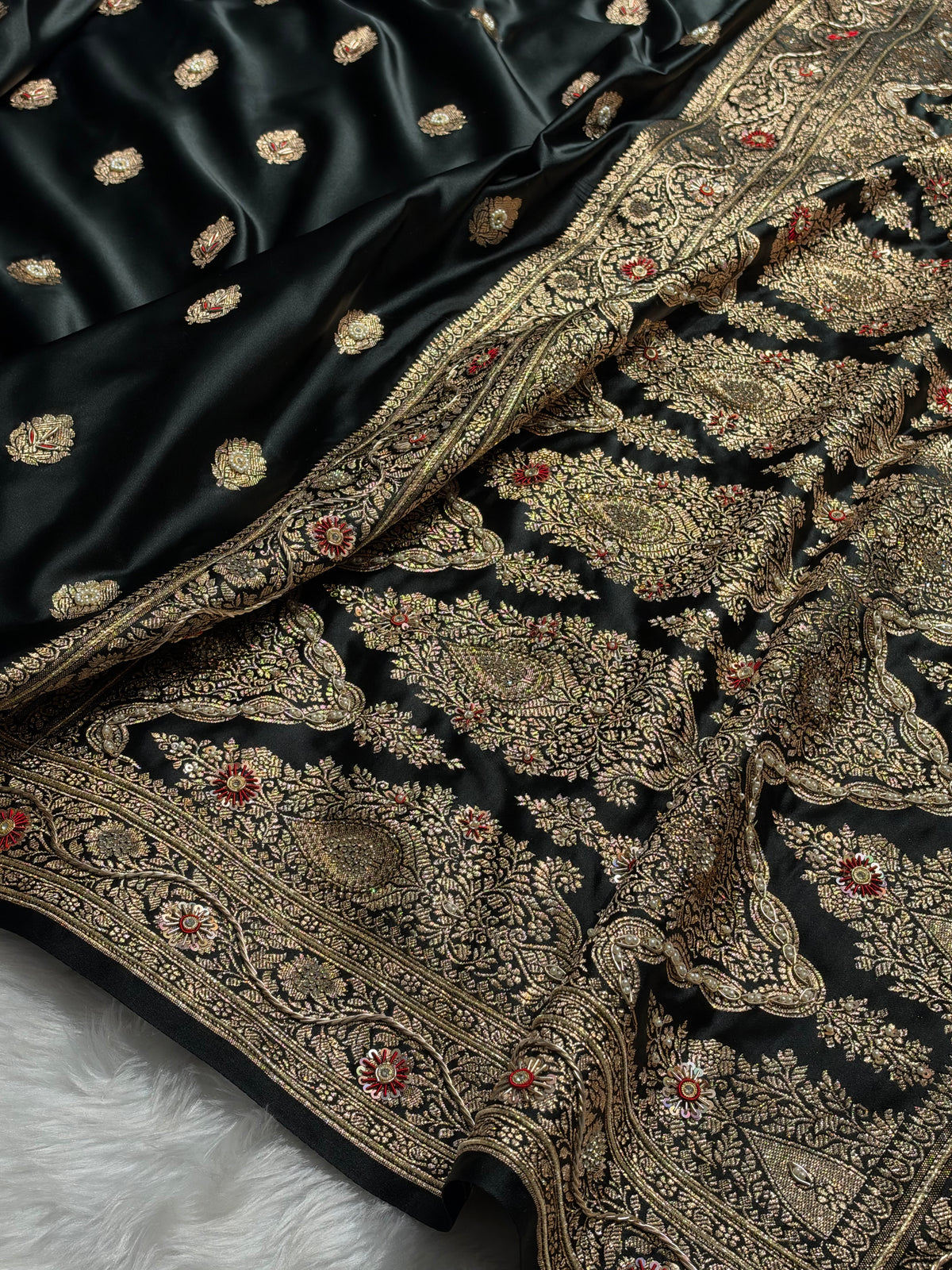Bridal Black Banarasi Satin Katan Saree With Ari & Zardozi Work Boota BSK65