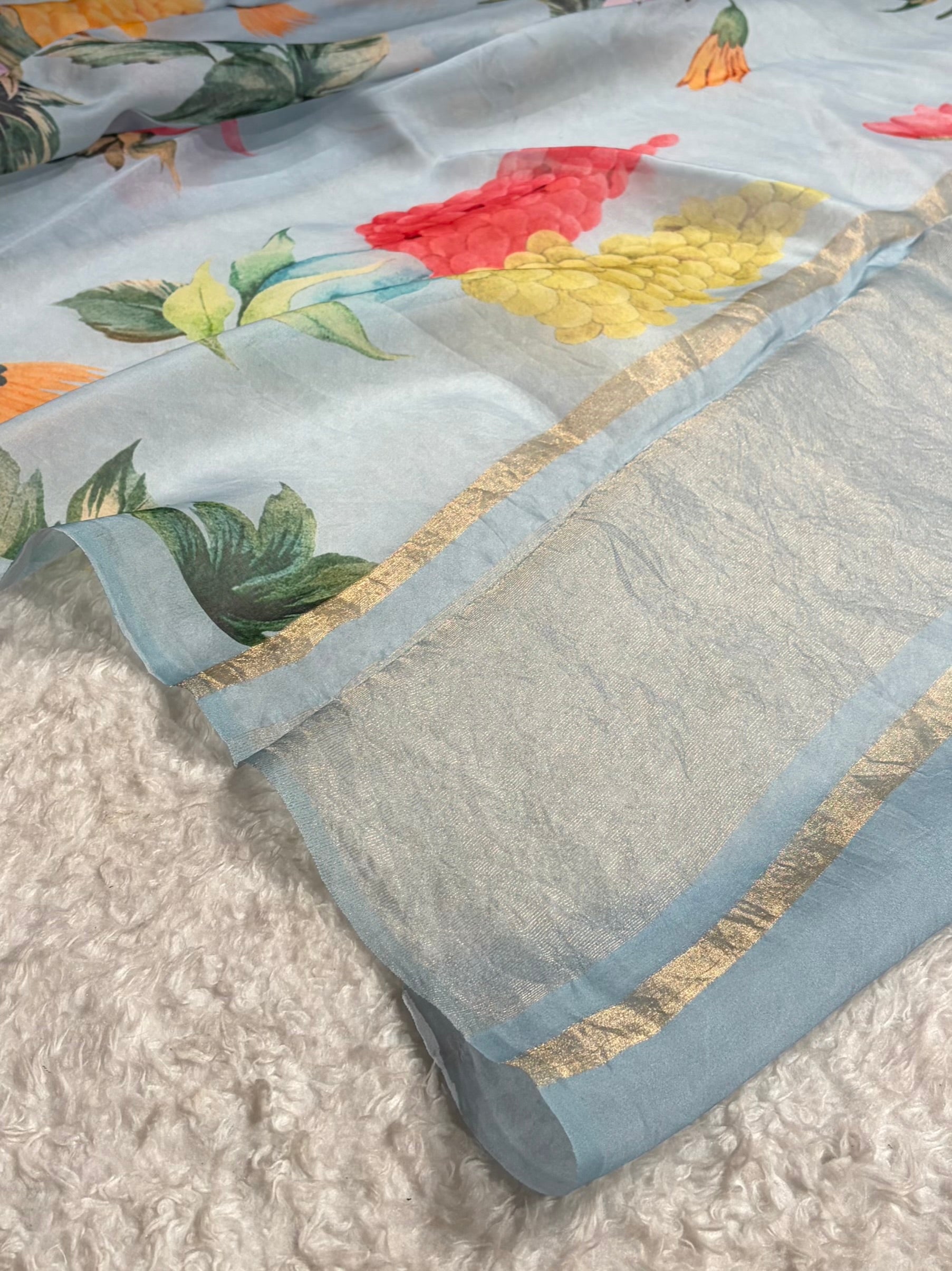 Sky Blue Organza with Pastel Multicolor Florals POP08