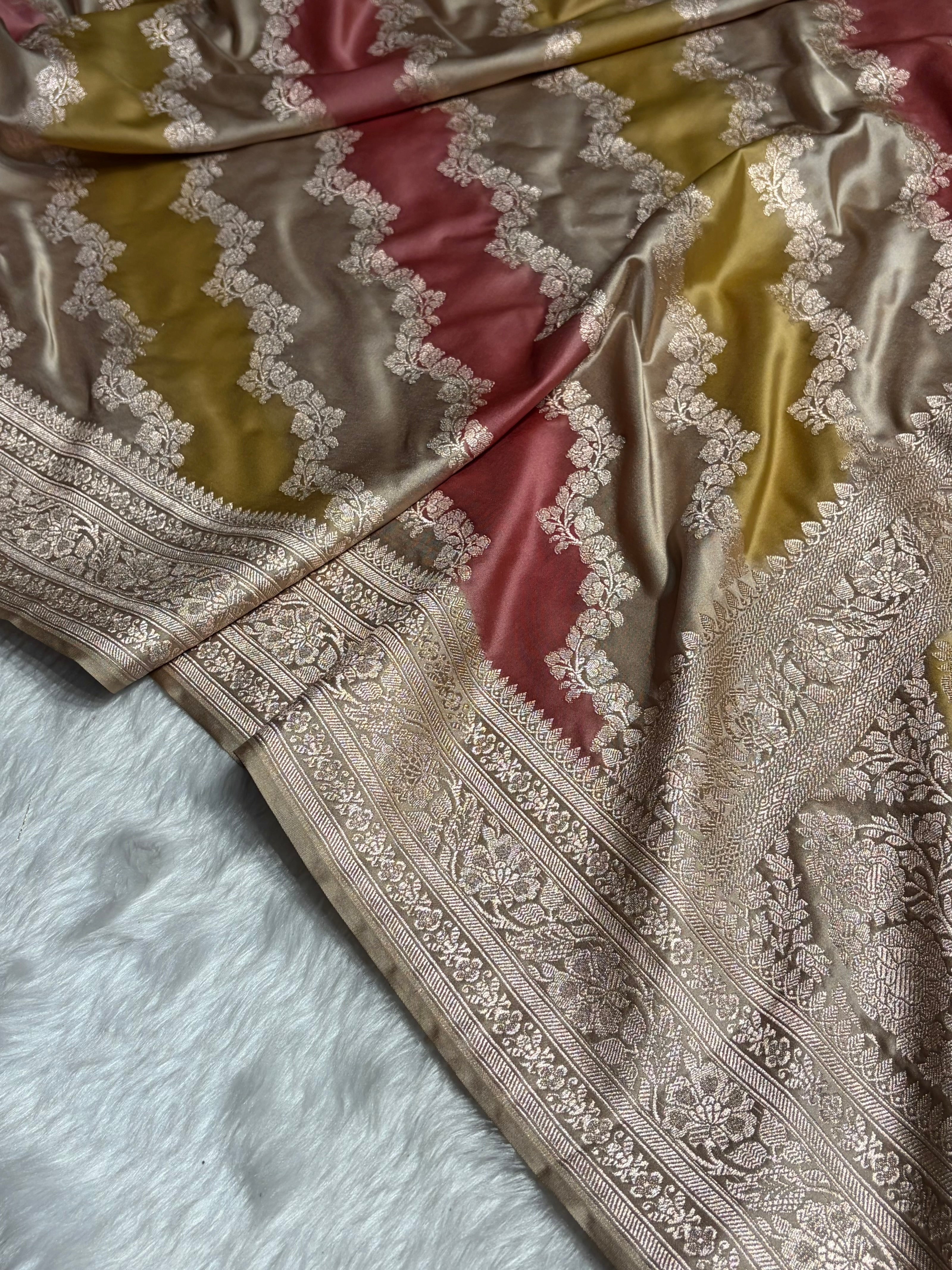 Light Beige Cross Rangkat Mashru Silk Saree With Cross Pattern MS02