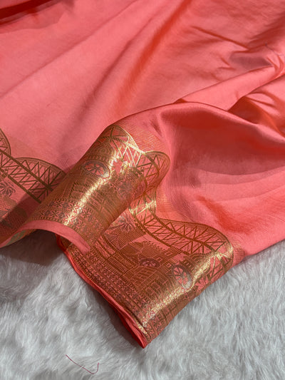 Banarasi Red With Peach Contrast Shade Flower Boota Pure Caramel Mango Silk Saree CS-18