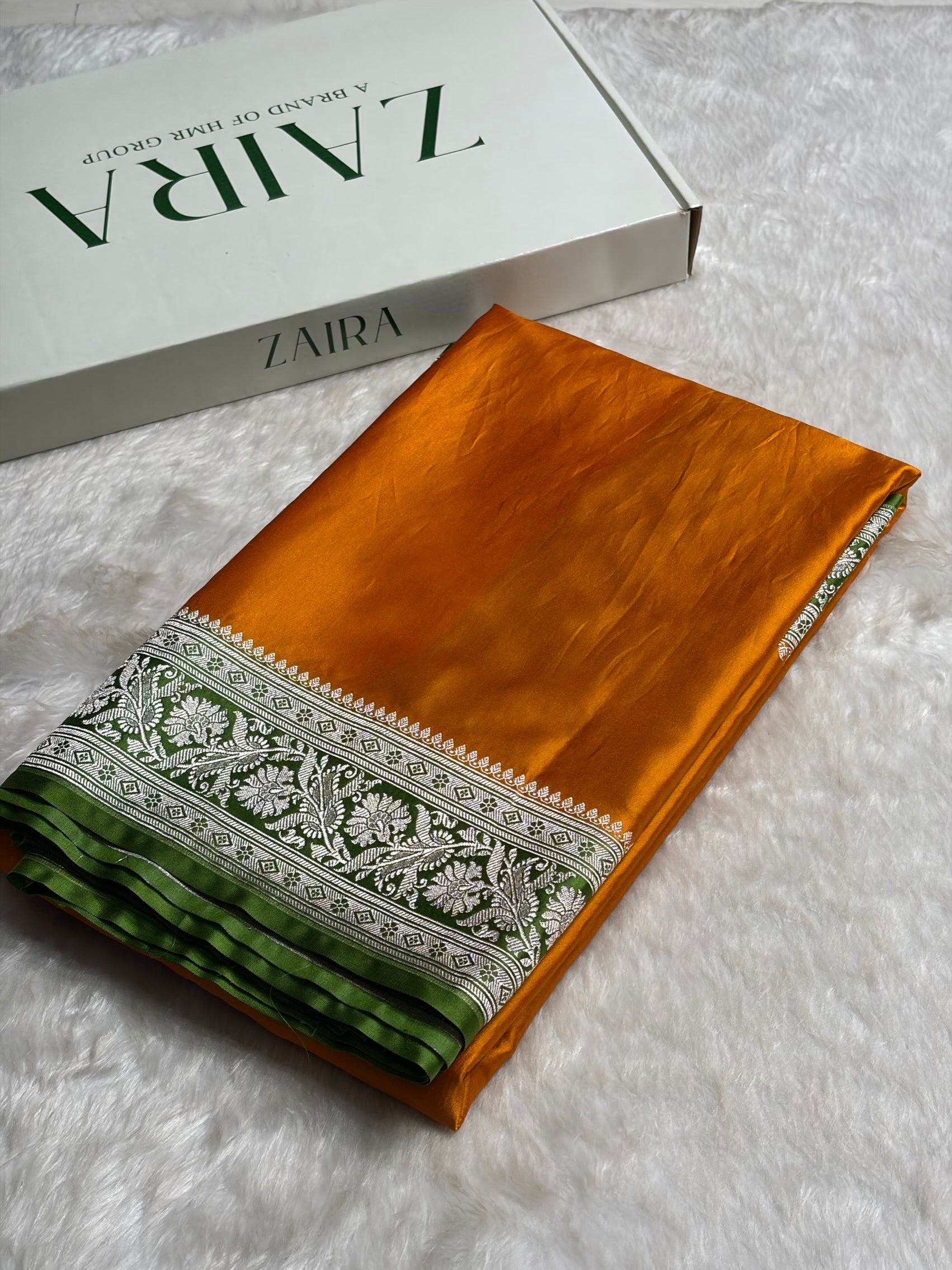 Contrast Orange with Green Border Plain Mashru Silk Saree MS22
