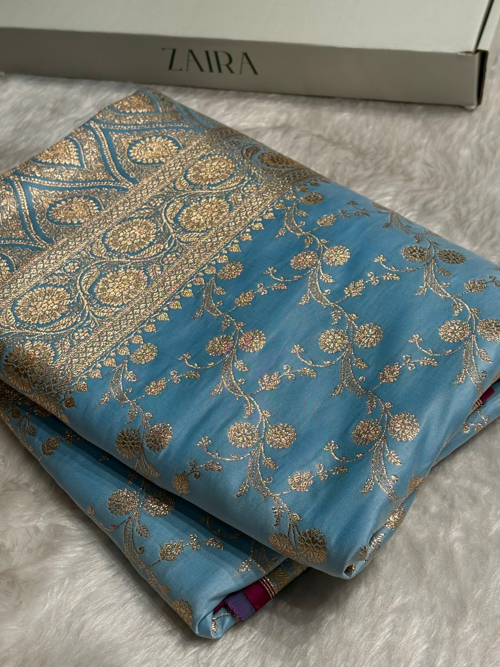 Sky Blue  Cross Satin Katan Silk Saree SK17