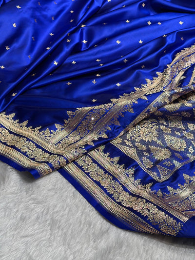 Cross Royal Blue Banarasi Swarovski Work Booti Katan Silk Saree BSKM17