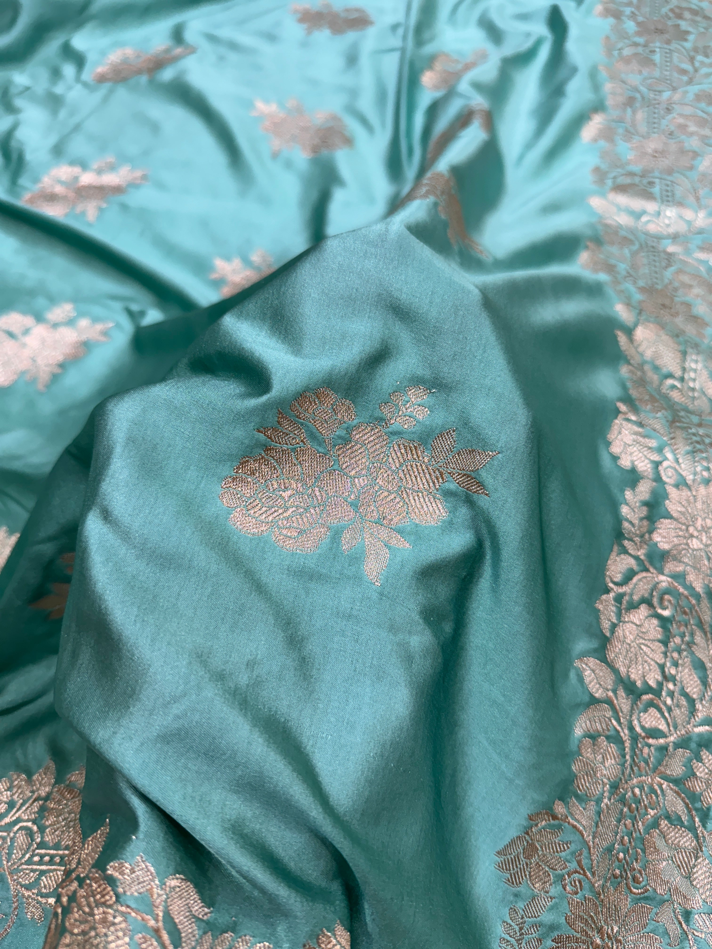 Aqua Blue Floral Motif Mashru Silk Saree