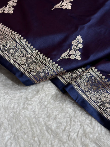 Cross Navy Boota With Floral Border Mashru Silk Saree MSM-97