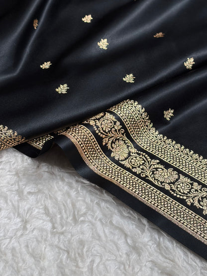 Banarasi Satin Katan Saree With Booti Pattern in Black Shades SK125