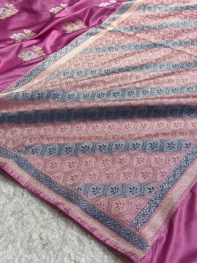 Baby Pink Sona Rupa Minakari Floral Motif Mashru Silk Saree MCS50