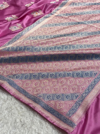 Baby Pink Sona Rupa Minakari Floral Motif Mashru Silk Saree MS50